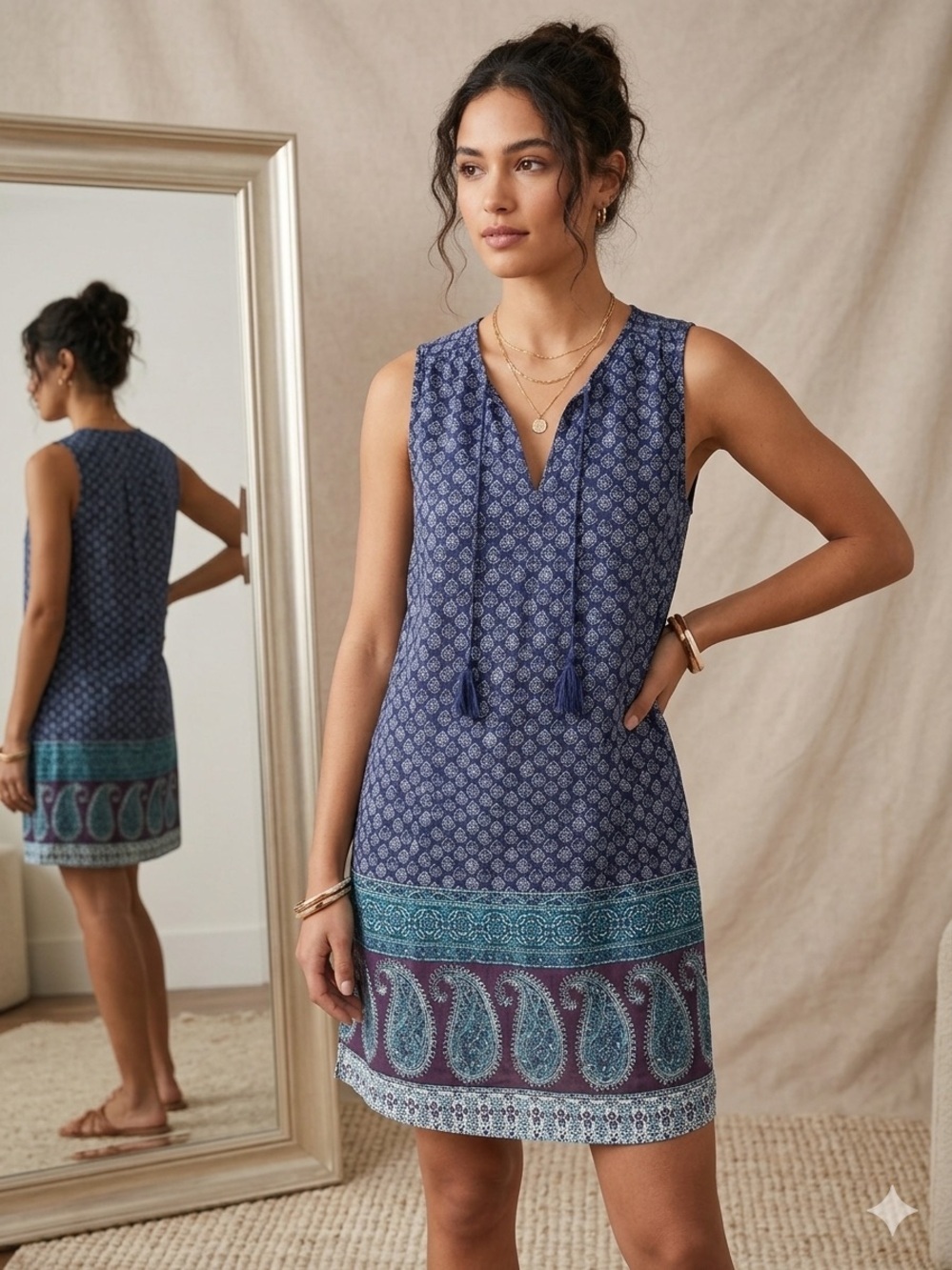 Beach Lunch Lounge navy blue paisley boho tassel sleeveless shift dress small.